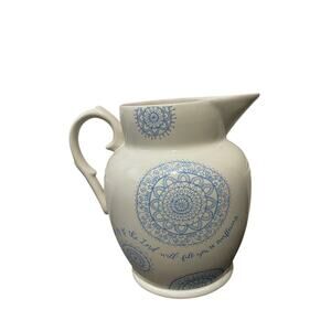 NIB Mary & Martha Overflowing Pitcher Ceramic Cream Blue Doily Farmhouse